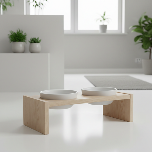 Erhöhter Futternapf-Ständer im Scandi-Design aus Holz und Keramik
